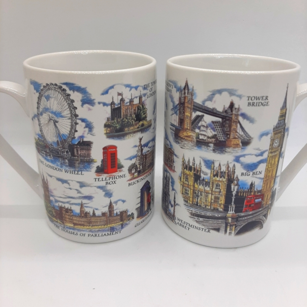 Set of 2 London Souvenir Coffee Cups Mugs Historical Pictures